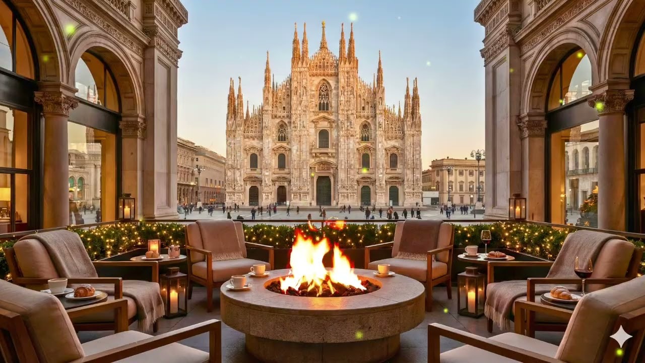 Warm Relaxing Jazz & Fireplace Crackling Live | Milan Cafe Ambience for Working, Studying, Sleep