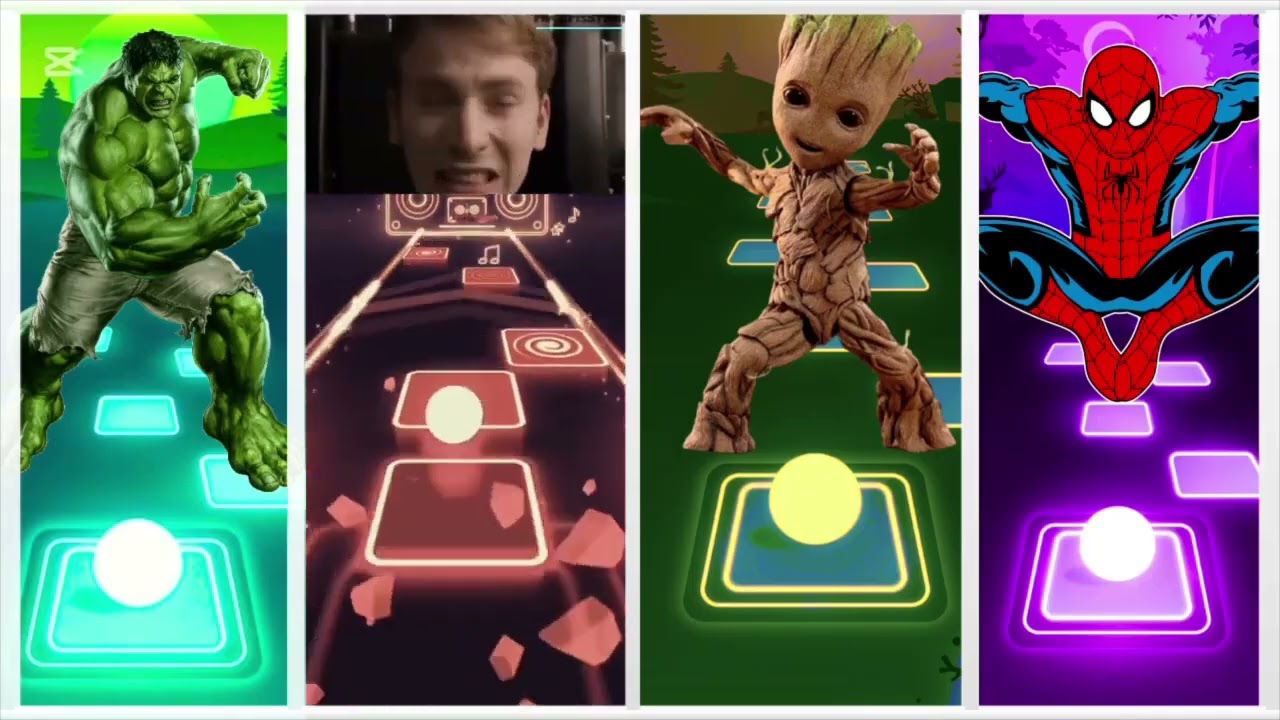 🔥 Tiles Hop Marvel Challenge! Hulk vs Captain America vs Groot vs Spider-Man 🎵