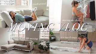 WEEK IN MY LIFE MOVING: couch & rug arrivals, moving my whole closet, $50 floor lamp & a gift