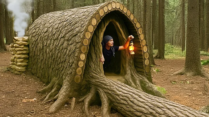 I Built a Bushcraft Survival Shelter Under a Large Fallen Tree