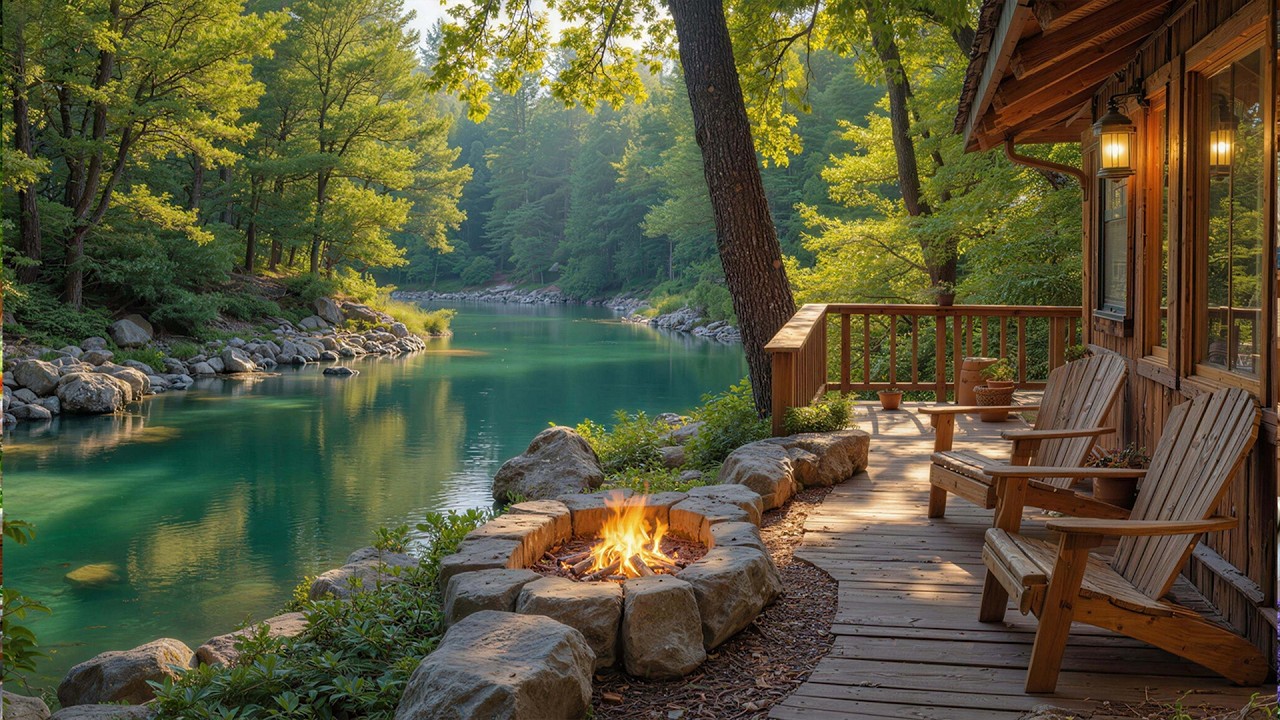 Relaxing Spring Riverside Cabin Porch 🌺 Relaxing Piano & Campfire Ambience