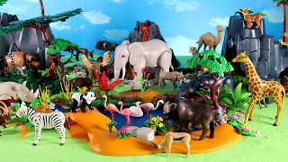 Fun Volcano Scenery Set and Playmobil Animal Figurines - Learn Animal Names Video For Kids