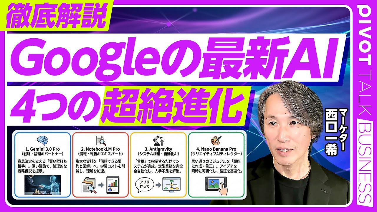 【Googleの最新AI。４つの超絶進化】Gemini 3.0 Proの衝撃／NotebookLMはすぐ使うべき／Nano Banana Proの衝撃／AIエージェントの２つの可能性