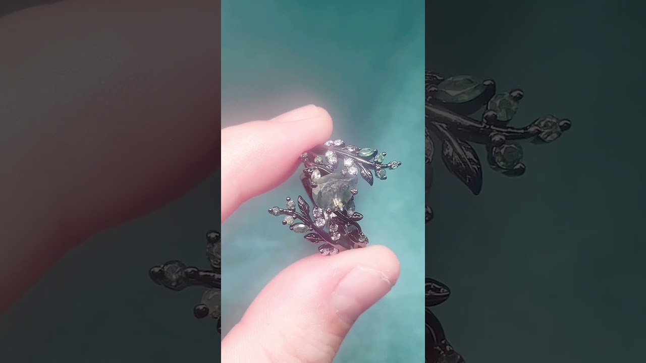 Pear Shaped Moss Agate Engagement Ring Set | Black Gold Moss Agate Wedding Band | Anniversary Gift