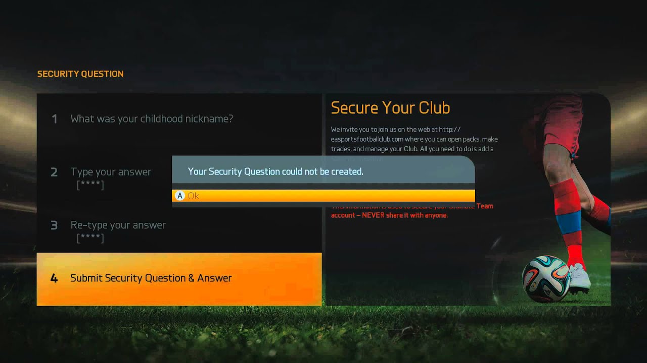 FIFA 15 - Ultimate Team / Your Security Question Could Not Be Created