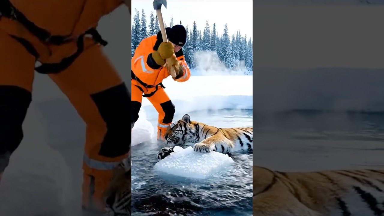 Tiger stuck in icy pond 