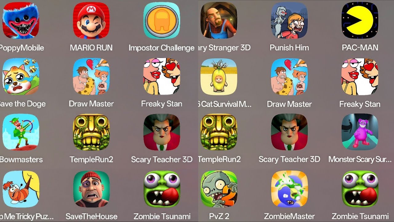 Grimace Monster, Scary Survival,Thief,Puzzle,Bowmasters,Freaky Stan ,Super Mario Run,Kick The Buddy