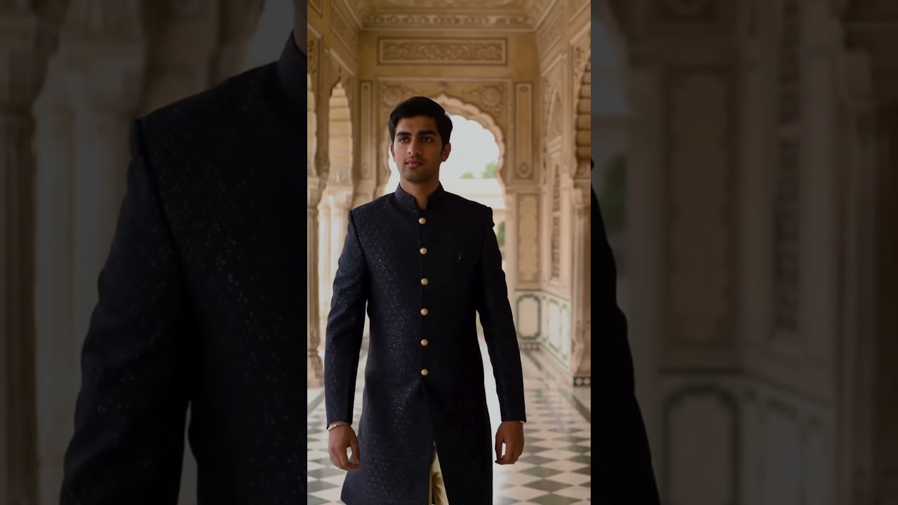 Navy blue sherwani gold buttons , prince walking toward his moment Own your story. Walk like a king