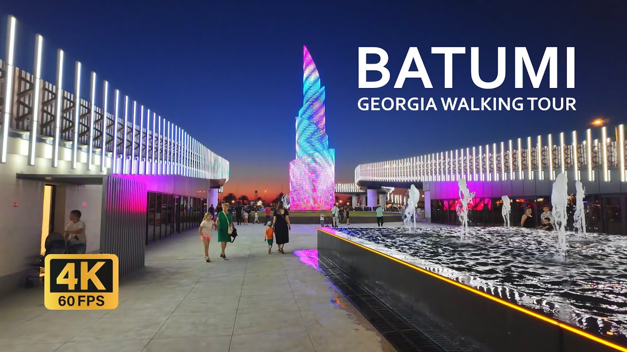 Shartava Avenue evening walking tour in Batumi, Georgia. Summer 2024 4K 60 FPS