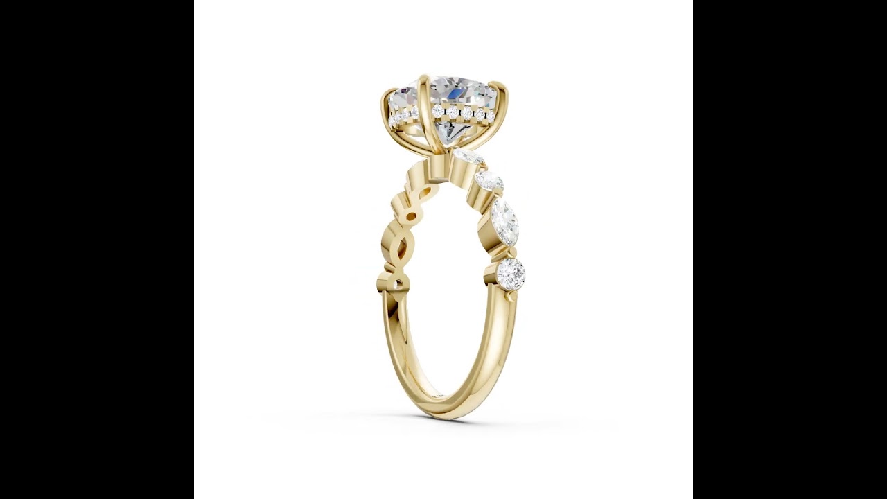 Cushion Cut Diamond Alternating Round And Marquise Engagement Ring