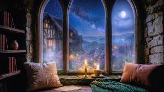 Misty Midnight & Fireflies at Cozy Hollow Cottage 🌌🕯️ (Medieval Window & Orchestral Score) [4K]