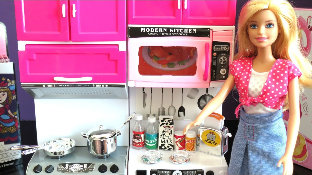 باربي ولعبة المطبخ و-ألعاب بنات-ألعاب أطفال-Barbie & the modern kitchen toy  set-v120 - YouTube