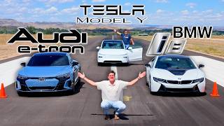 e-tron vs i8 vs Tesla: You Say EV Drag Racing is Boring...We Try To Prove You Wrong!