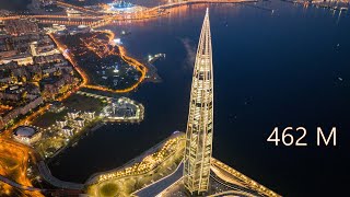 Lakhta Center 462 m. After sunset -- St. Petserburg [Drone 4K 60fps] Tallest building in Europe