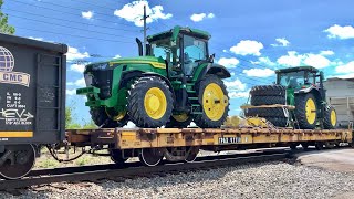 Heavy Trains Growling Up The Hill Sanding The Rails! Train Horn Salute, John Deere Tractors, MY FARM