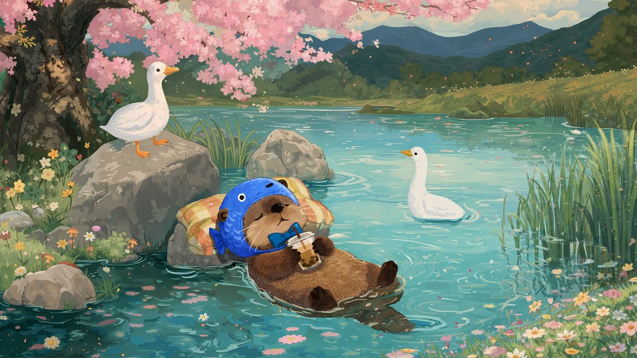 Lofi Chill by the Lake 🌸 Cute Otter enjoys Lofi music amidst Blooming cherry blossoms
