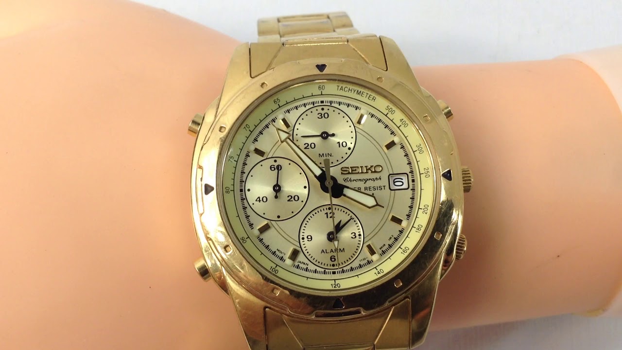 Seiko Mens Alarm Chronograph Watch Analogue Quartz Gold Tone 7T32-6M59 -  YouTube