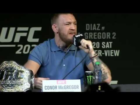 NATE DIAZ/CONOR MCGREGOR THROWING WATER BOTTLES AT UFC 202 PRE-FIGHT PRESS CONFERENCE!