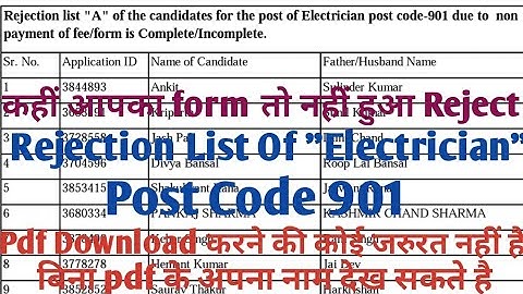 Rejection List of "Electrician" Post Code 901|| hpssc rejected form