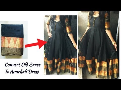 Anarkali dress cutting & stitching easily | | Convert saree into long gown/ frock/dress | Saree reuse - YouTube