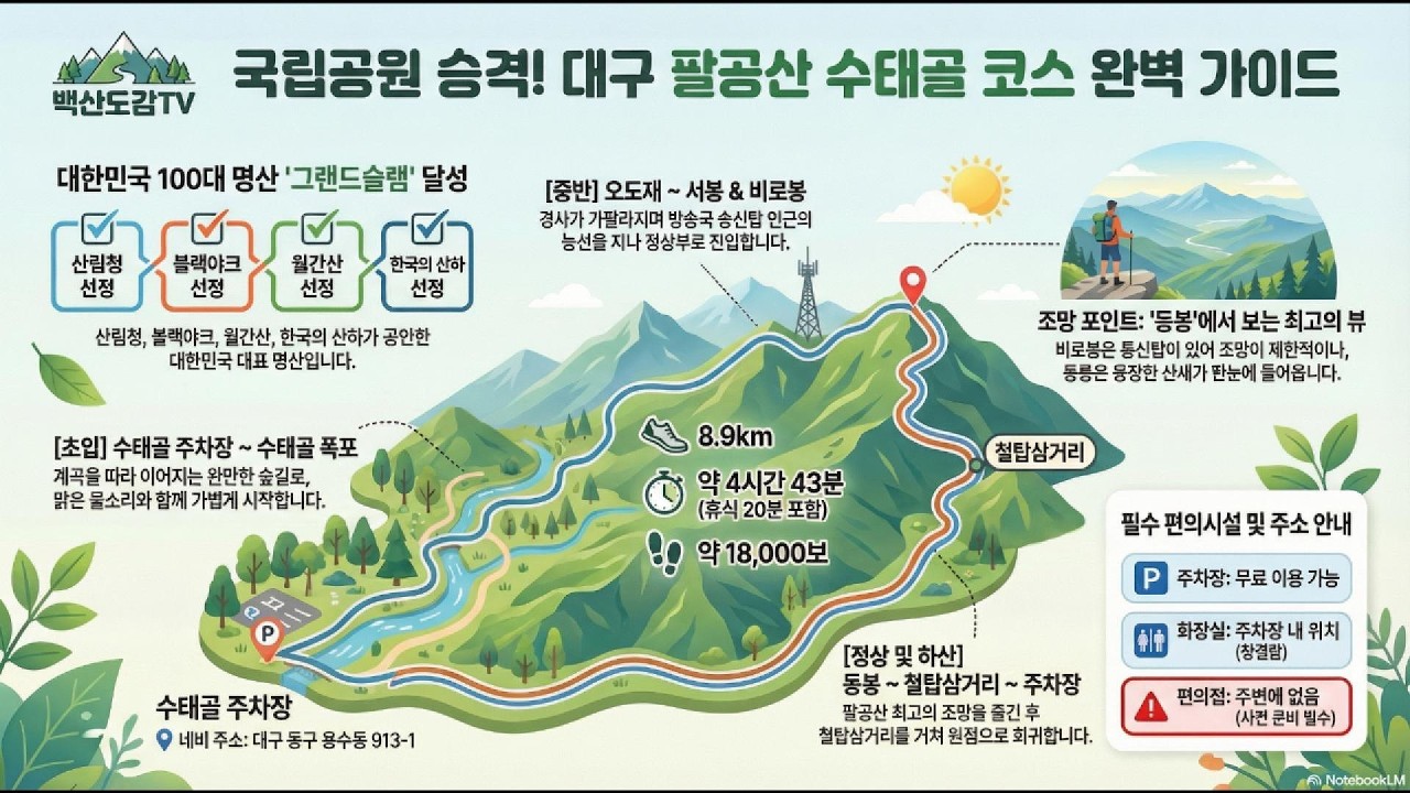 팔공산 (대구시 동구) | 100대명산 산행기록/수태골 주차장→암벽훈련장→수태골폭포→오도재(느지미재)→삼성봉→서봉→오도재→ 비로봉→동봉→철탑삼거리→ 수릉봉상표지석 → 수태골 주차장