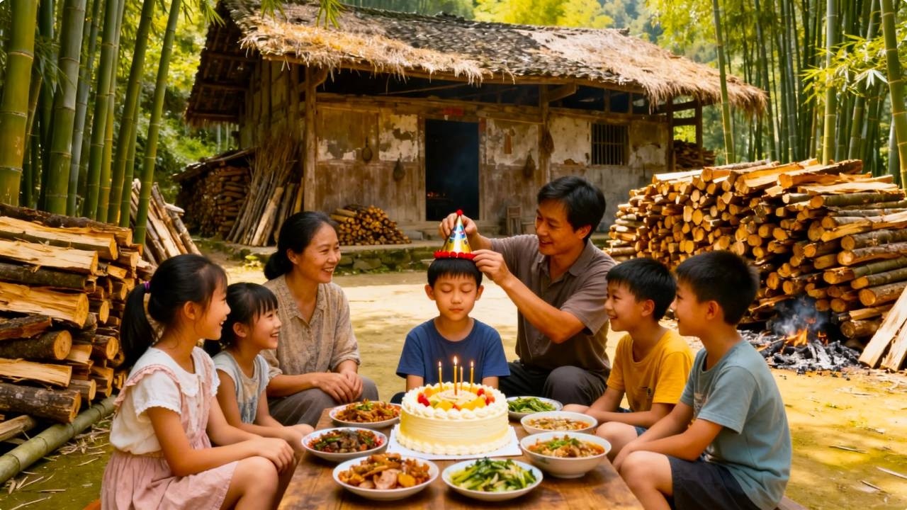 【一家七口隐居深山】小五宝宝今天过生日，妈妈用一日工的工钱给孩子买一个生日蛋糕！#农村生活#vlog#山居生活