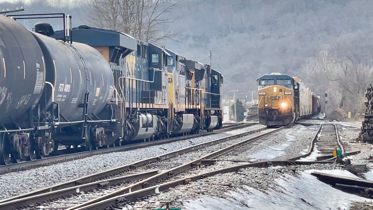 Trains Approach In Both Directions At Same Time!  Rail Train On Elevated Curve At High Speed! Must C