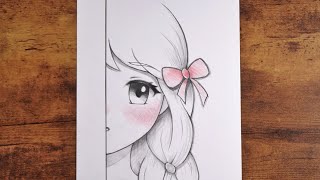 How to Draw a Cute Half-Face Anime Girl | Easy Pencil Sketch screenshot 5