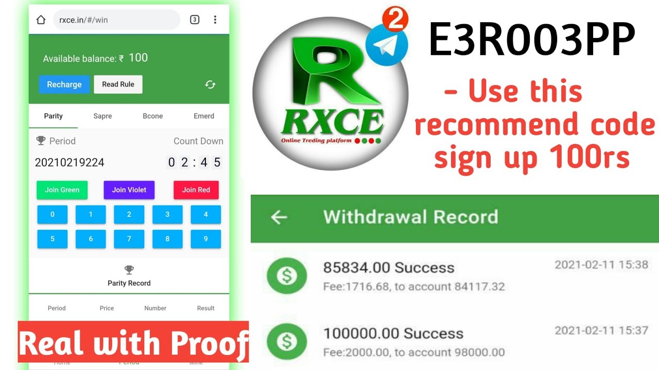 Rxce Colour Prediction App | 100rs Joining Bonus | E3R003PP - Use this recommend code sign up 100rs
