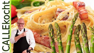 Spaghetti Carbonara mit grünem  Spargel. Geht nicht? Und ob!