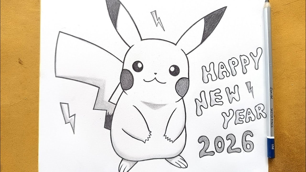 Happy new year 2026 drawing ideas || How to draw Pikachu from pokemon step by step drawing