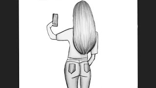 Kolay Karakalem Arkası Dönük Kız Çizimi, Arkası Dönük Selfie Çeken Kız Resmi Adım Adım Nasıl Çizilir