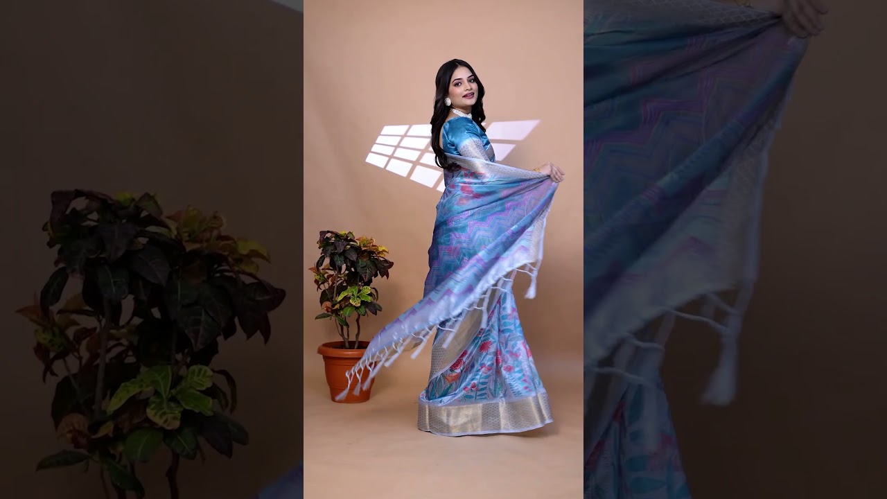 Blue Gray Zari Weaving Saree – Premium Crystal with Multicolor Print