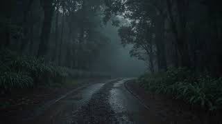 Rain falling gently on a woodland path โ reduce tension and sleep peacefully