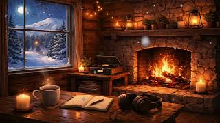 Snowy Reading Nook | Gentle Piano, Crackling Fire, and Night Wind