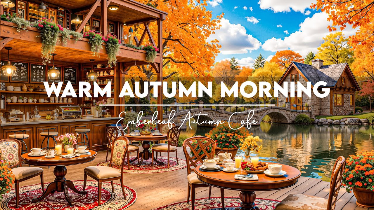 Warm Autumn Lake Ambience 🍁 Soft Jazz Music with Coffee Shop Sounds for Peaceful Study