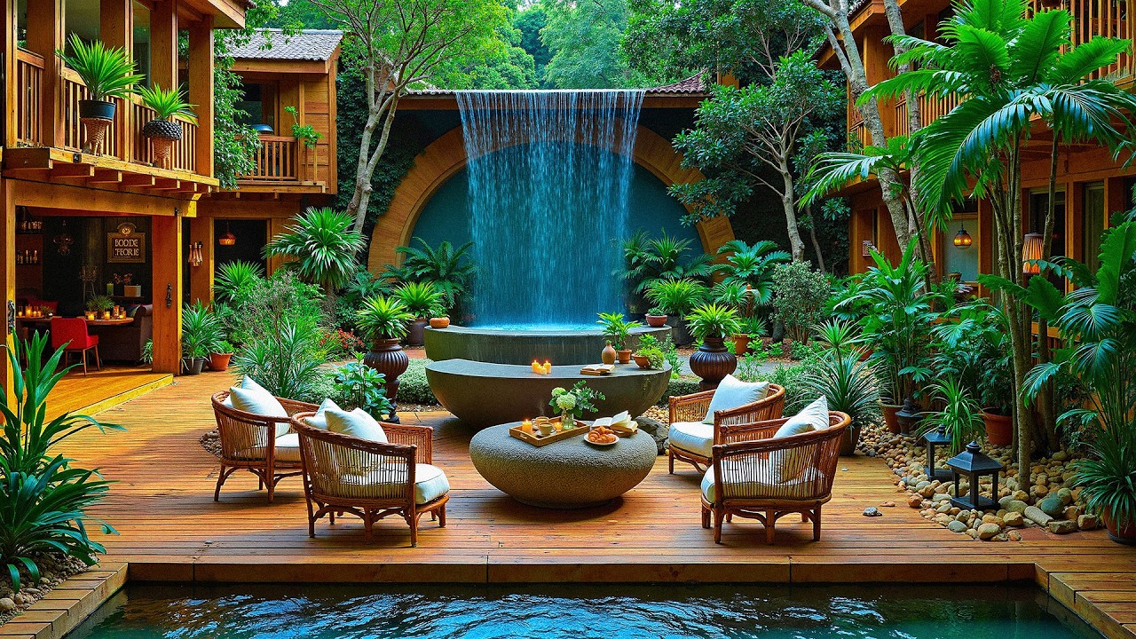 Tropical Waterfall Courtyard Jazz - Smooth Jazz Music with Nature Ambience for Relaxation & Unwind