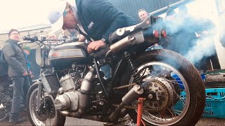 BRISTOL CLASSIC Motorcycle Show SUZUKI GT750 2 Stroke Kettle Bike Start & Rev-Up LOUD Exhaust Sounds