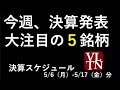 今週決算発表の注目５銘柄。決算スケジュールと株価の推移。～あす上がる株