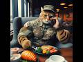 Army cat eating in a restaurant army cat cat aiimages skyfalleagle army shorts cats