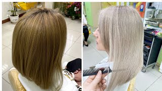 Hair coloring platinum blonde. Lightening yellow hair, total blond without darkening the roots