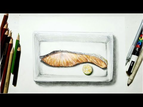 初心者向けのリアル色鉛筆画 解説付き 焼き鮭 お皿を描いてみた Youtube