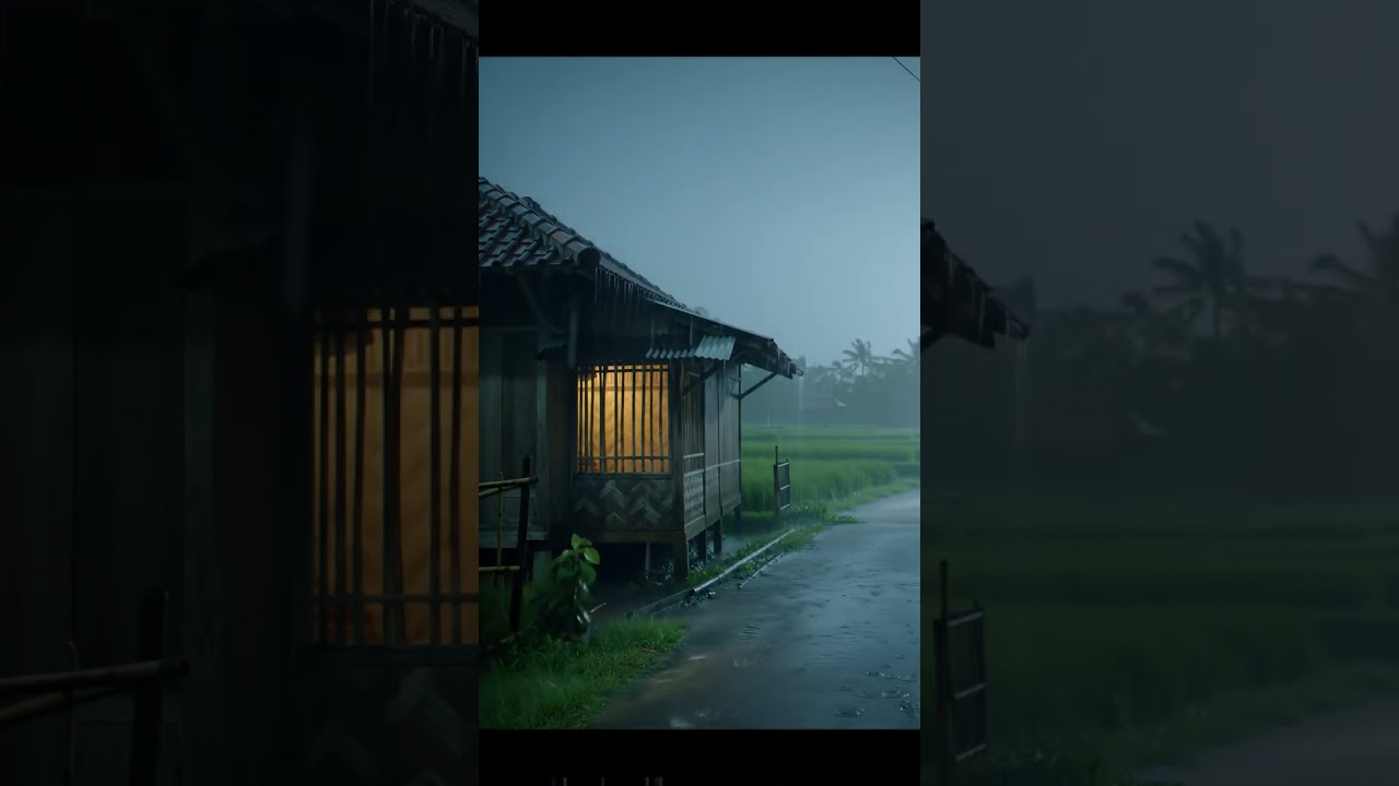 heavy rain in the countryside on the edge of the rice fields 