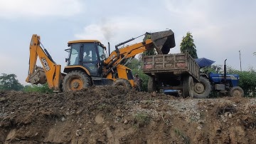 JCB Backhoe Loader Loading Soil in Tractor - JCB Pushing Soil and Leveling Road - JCB Video