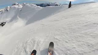 Kicking Horse skiing through silver lining and cloud nine runs. Golden BC, Canada, March 9, 2022