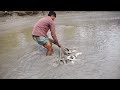 Net fishing  traditional cast net fishing in the village pond  fishing by cast net  part 35