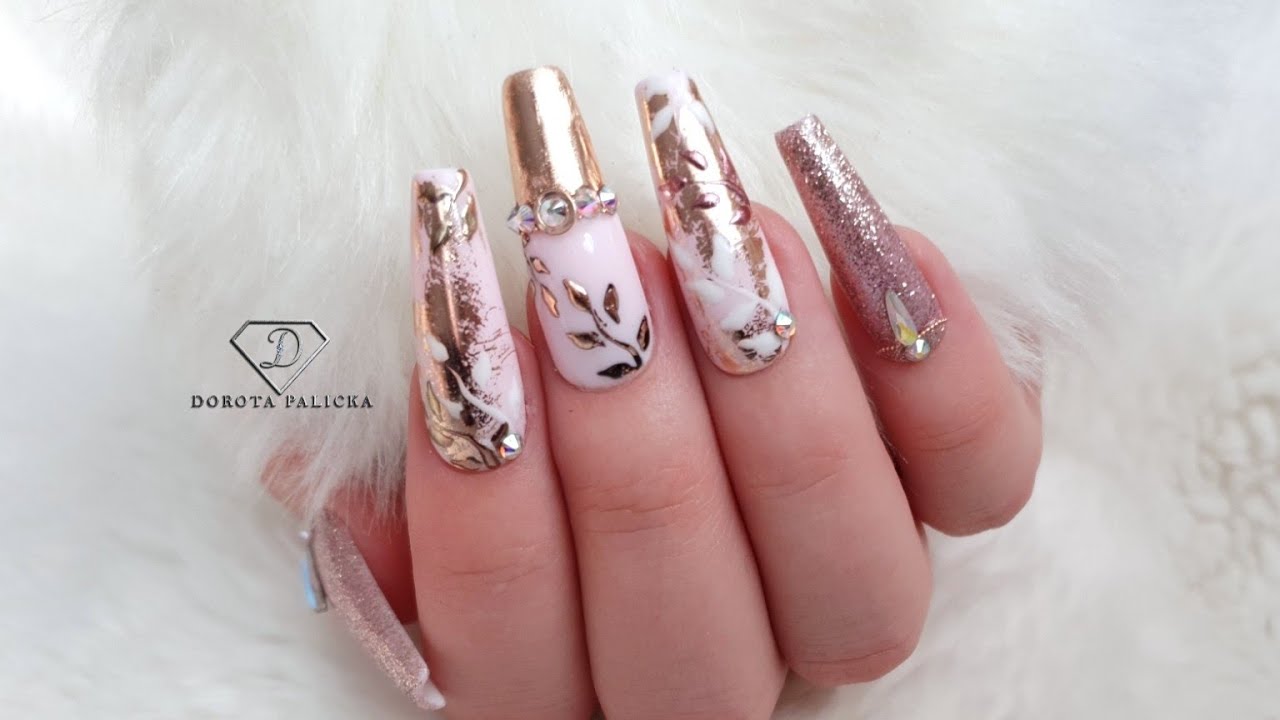 Rose gold and nude nails with transfer foil and chrome pigment