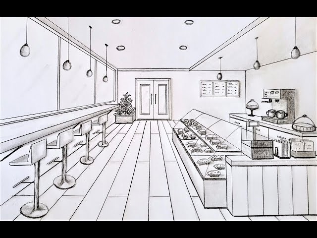 How to draw a coffee shop interior in one point perspective class=