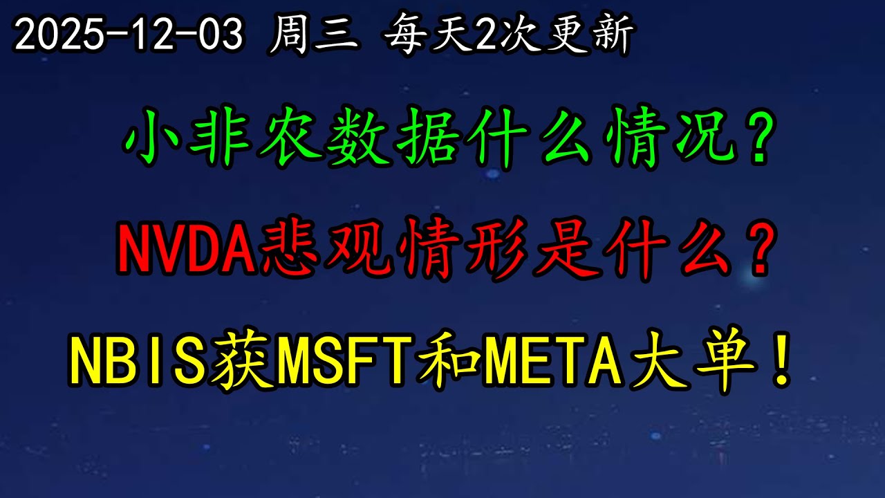 美股  小非农数据什么情况？NVDA悲观情形是什么？NBIS获MSFT和META大单！MSFT罕见下调AI销售目标！BTC、ETH、黄金、NBIS、PANW、MSFT、META、NFLX、NVDA