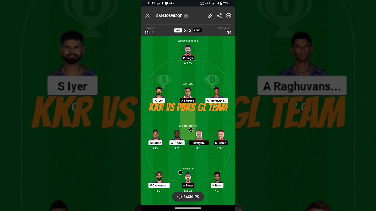 KKR vs PBKS GL team